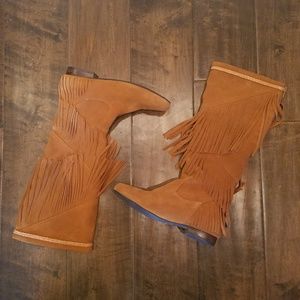 SALE Cognac Brown Fringe Leather Moccasin Boots